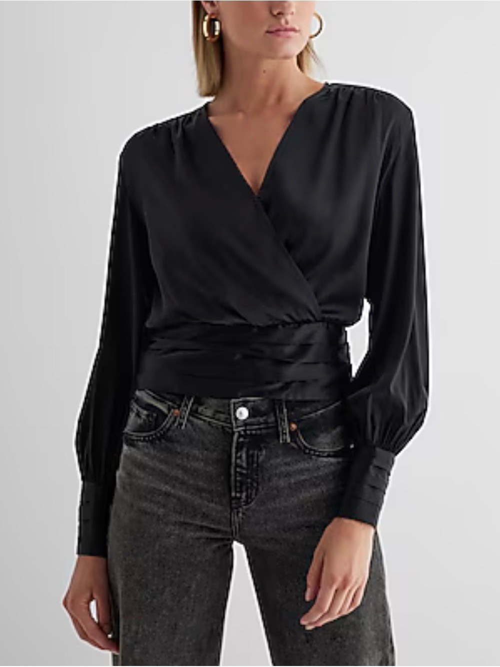 Express Satin V-Neck Ballon Sleeve Faux Wrap Chic Black Polished Blouse XL